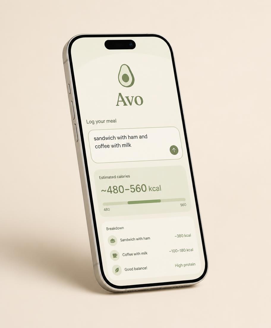 Avo app showing a one-sentence meal log and estimated calorie range